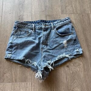 Light Wash Distressed Denim Shorts Frayed Hem High Rise Medium Festival